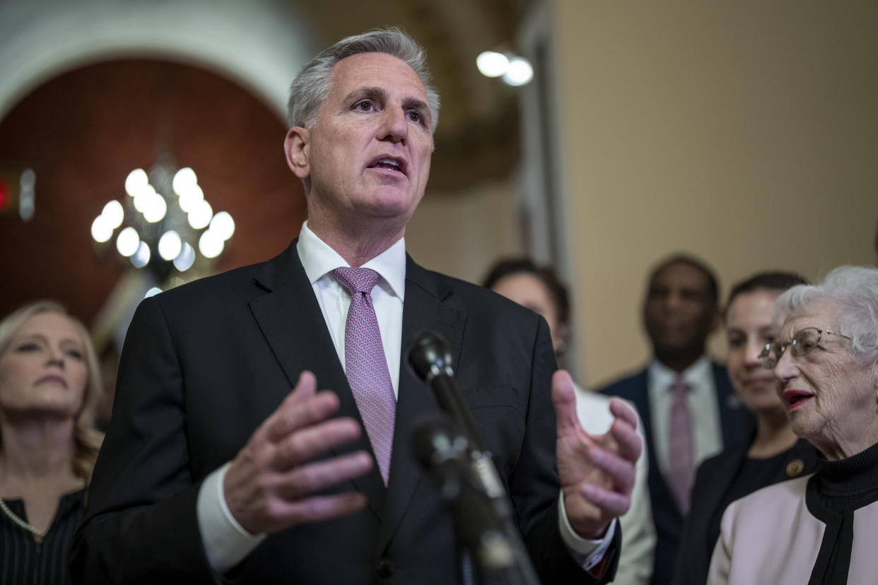 FILE - Speaker of the House Kevin McCarthy, R-Calif., talks to reporters after the House narrowly passed the "Parents' Bill of Rights Act," at the Capitol in Washington, Friday, March 24, 2023. (AP Photo/J. Scott Applewhite, File)