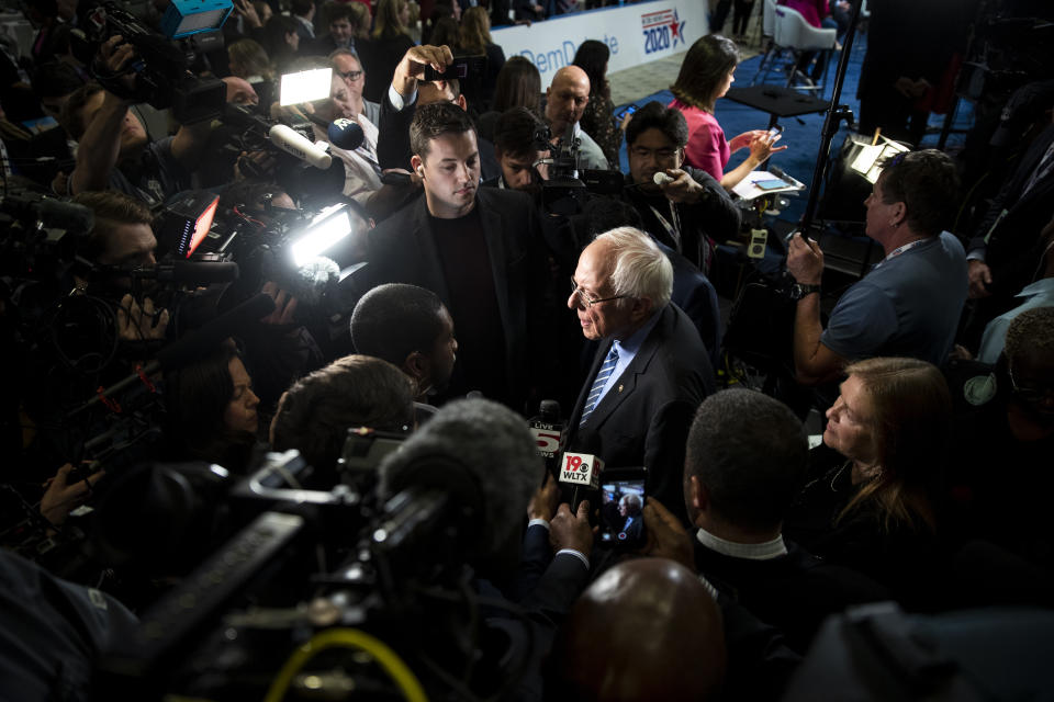 FILE - In this Tuesday, Feb. 25, 2020, file photo, Democratic presidential candidate Sen. Bernie Sanders, I-Vt., speaks with members of the media after a Democratic presidential primary debate in Charleston, S.C. As Sanders reaches out to black voters ahead of South Carolina's Saturday primary, seeking to cut into former Vice President Joe Biden's firewall of black support in the state, the Democratic front-runner's Jewish identity isn't much of a factor. (AP Photo/Matt Rourke, File)