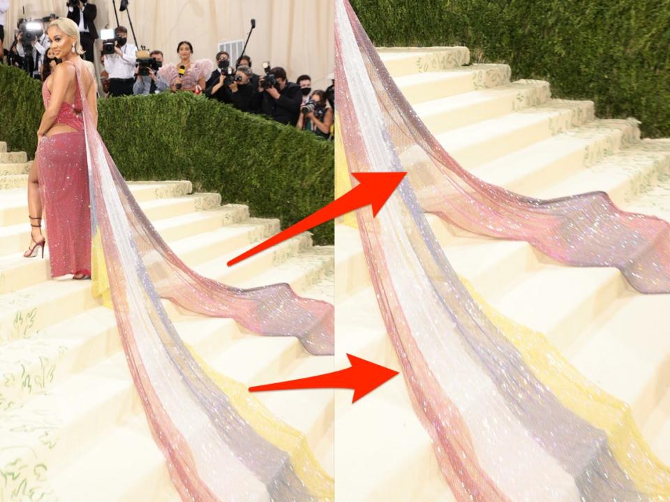 Saweetie at the Met Gala with arrows pointing to the flag designs on her dress