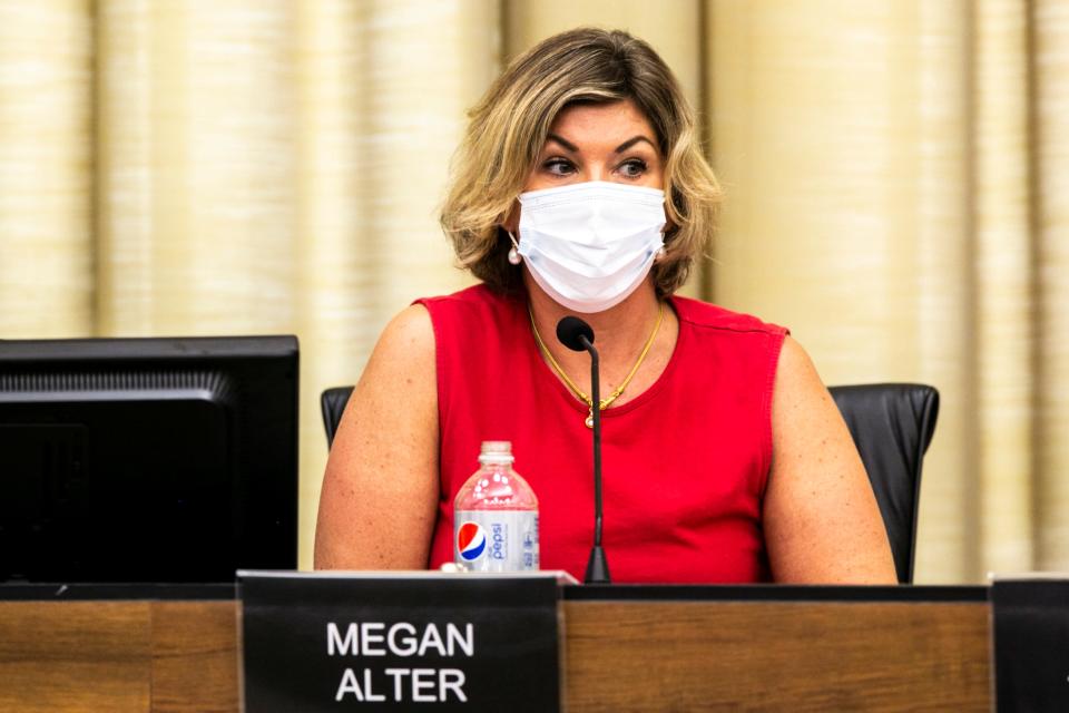 Megan Alter, mayor pro tem, speaks during an emergency special council meeting, Thursday, Aug. 4, 2022, at the Emma J. Harvat Hall inside City Hall in Iowa City, Iowa.