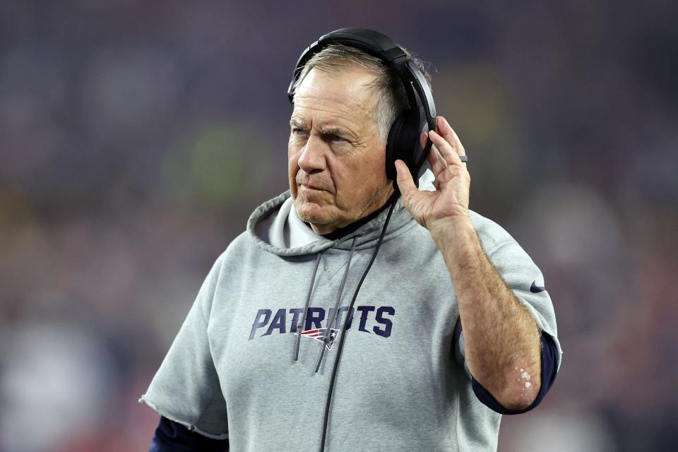 FOXBOROUGH, MASSACHUSETTS - OCTOBER 24: Head coach Bill Belichick of the New England Patriots looks on during the first half against the Chicago Bears at Gillette Stadium on October 24, 2022 in Foxborough, Massachusetts. (Photo by Maddie Meyer/Getty Images)