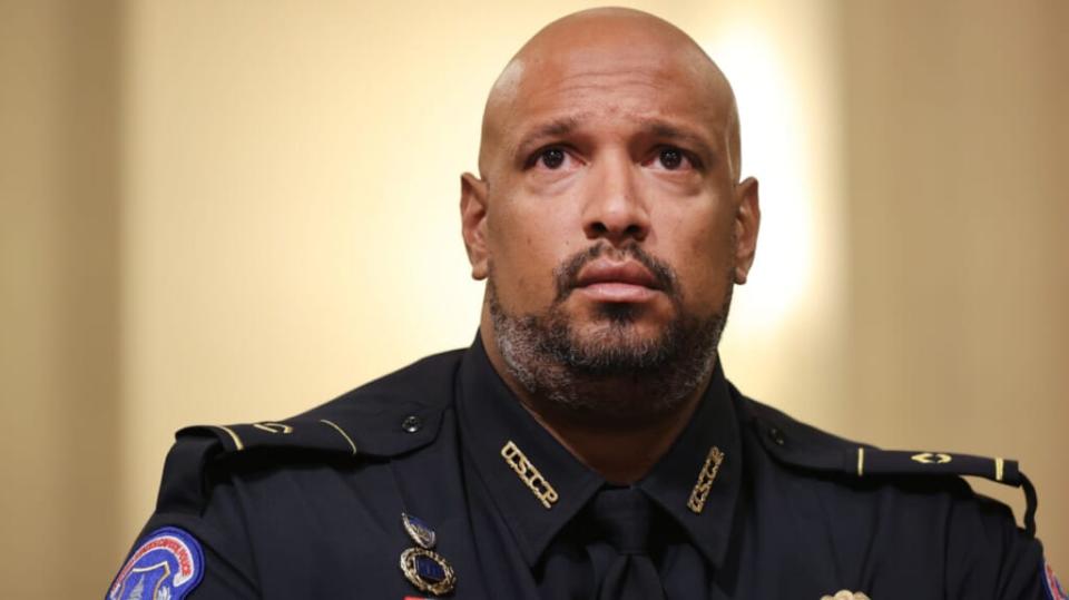 U.S. Capitol Police officer Sgt. Harry Dunn testifies before the House Select Committee investigating the January 6 attack on the U.S. Capitol on July 27, 2021 at the Cannon House Office Building in Washington, DC. (Photo by Chip Somodevilla/Getty Images)