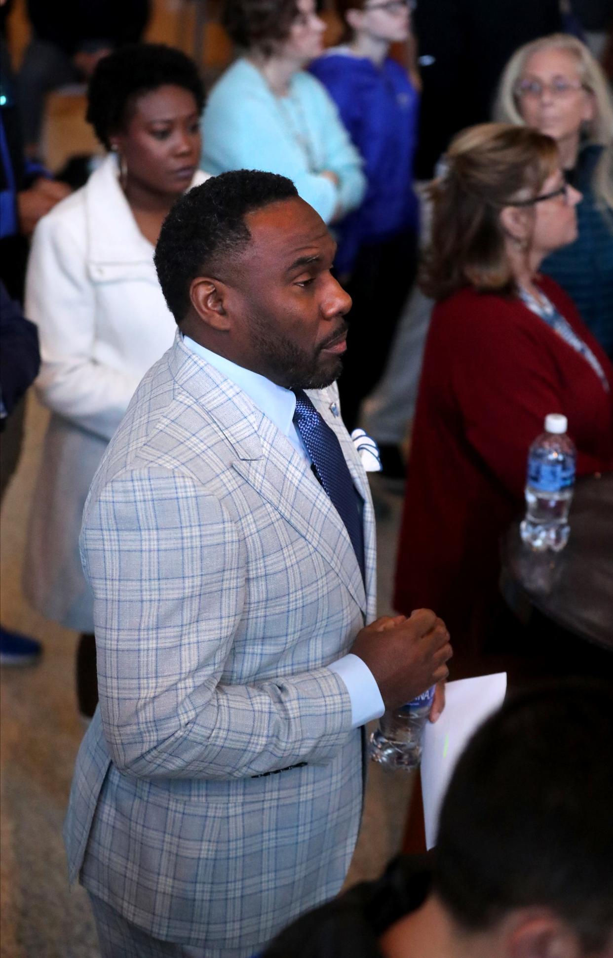 Derek Mason, the former Vanderbilt head football coach waits to be announced as the new MTSU head football coach replacing former MTSU head football coach Rick Stockstill, during an official MTSU press conference on Wednesday, Dec. 6, 2023, in the Student Union Building on campus.