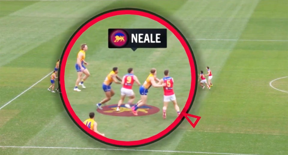 Seen here, Brisbane Lions star Lachie Neale being illegally held back against West Coast.