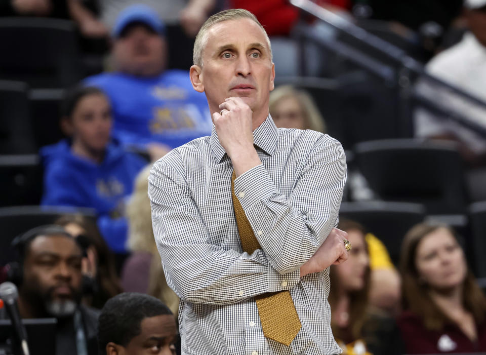 FILE - Arizona State head coach Bobby Hurley looks on during the first half of an NCAA college basketball game against Arizona in the semifinals of the Pac-12 Tournament, March 10, 2023, in Las Vegas. Hurley faced a critical juncture a year ago, a make-or-break season that would likely determine his future at Arizona State. The Sun Devils responded by reaching the NCAA Tournament for the first time in four years, earning Hurley a two-year contract extension. (AP Photo/Chase Stevens, File)