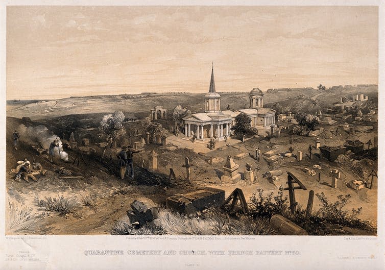 <span class="caption">Crimean War: quarantine cemetery and church, 1856.</span> <span class="attribution"><a class="link " href="https://wellcomecollection.org/works/u3fqec55" rel="nofollow noopener" target="_blank" data-ylk="slk:© Wellcome Collection;elm:context_link;itc:0;sec:content-canvas">© Wellcome Collection</a>, <a class="link " href="http://creativecommons.org/licenses/by/4.0/" rel="nofollow noopener" target="_blank" data-ylk="slk:CC BY;elm:context_link;itc:0;sec:content-canvas">CC BY</a></span>