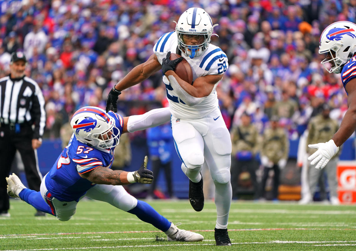 Jonathan Taylor of the Indianapolis Colts had a monster day in a win over the Bills. (Photo by Kevin Hoffman/Getty Images)