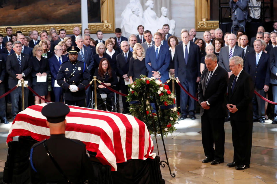 <p>Sen. Majority Leader Mitch McConnell stand at the casket of late Sen. John McCain as McCain lies in state inside the U.S. Capitol Rotunda in Washington, Aug. 31, 2018. (Photo: Kevin Lamarque/Reuters) </p>
