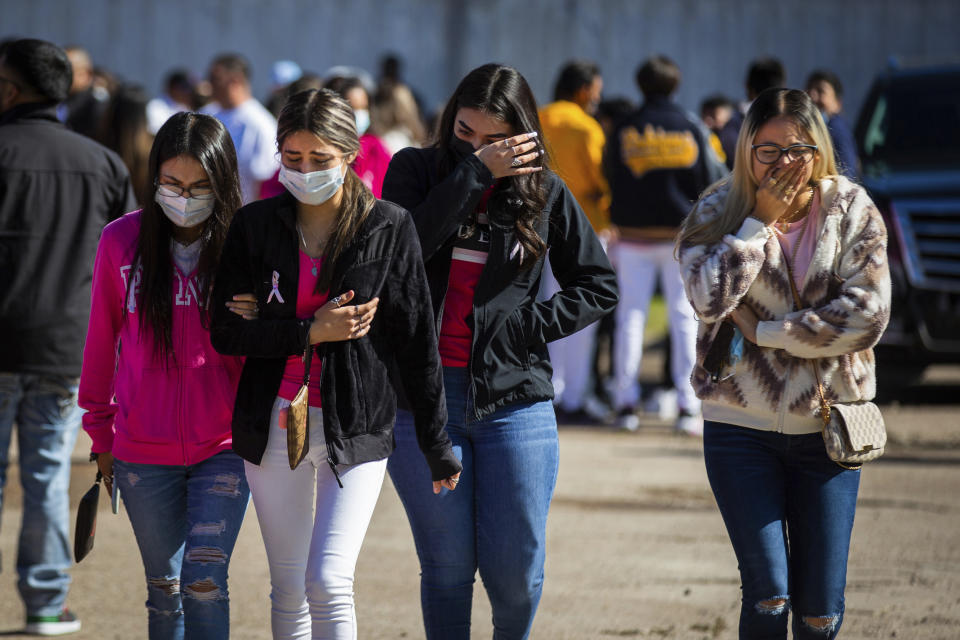 A group of people exit the funeral of Astroworld victim Brianna Rodriguez, a 16-year-old Heights High School student, Saturday, Nov. 13, 2021 at La Paz Memorial Funeral Home in Houston. Rodriguez died from injuries sustained during a stampede at the Astroworld music festival. (Marie D. De Jesús/Houston Chronicle via AP)