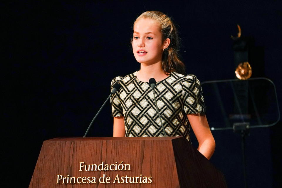 Spain's Princess Leonor speaks during the ceremony of the 2021 Princess of Asturias Award for Communication and Humanities at Campoamor Theatre in Oviedo, Spain October 22, 2021. REUTERS/Vincent West