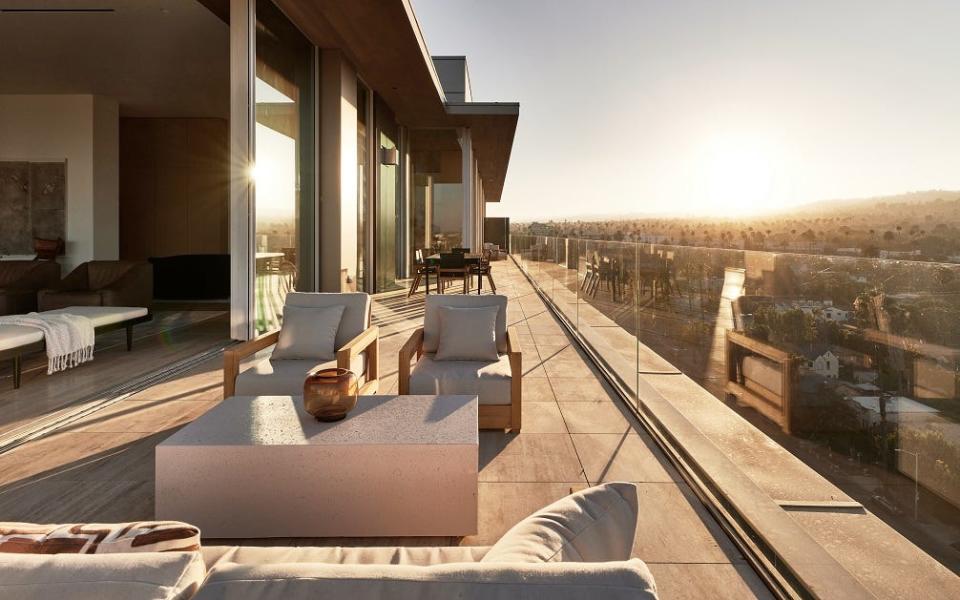 Sitting room of penthouse in West Hollywood that sold for a record-breaking $24 million.