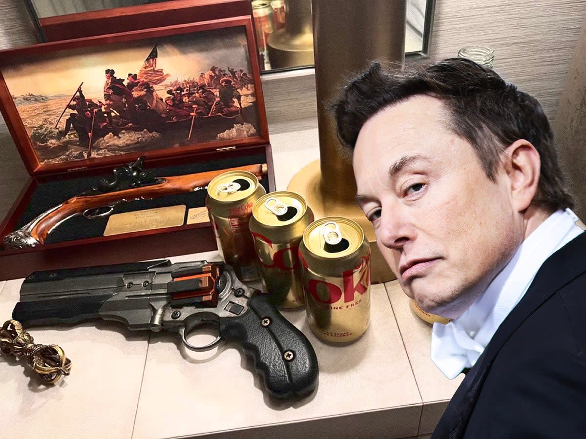 Elon Musk tweeted a photo of items on his bedside table, including gun replicas and empty Coca-Cola cans (Twitter/Elon Musk)