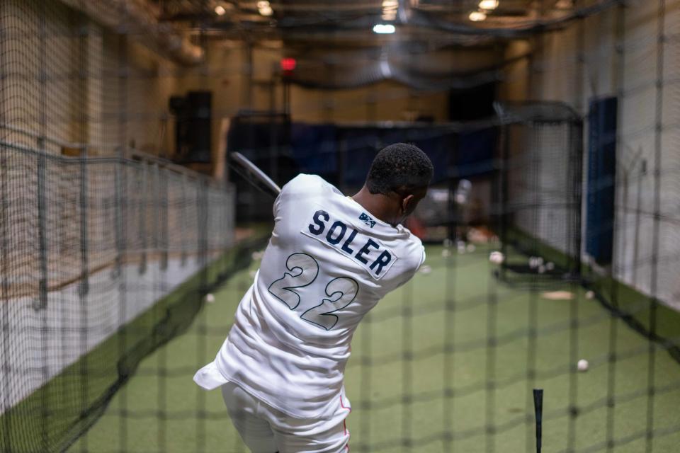 Miami Marlins outfielder and 2021 World Series MVP Jorge Soler was in uniform for the Pensacola Blue Wahoos during a rehab assignment against the Chattanooga Lookouts on Tuesday, July 12, 2022 from Blue Wahoos Stadium.