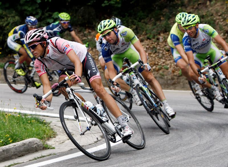 FILE PHOTO: Contador pedals during 19th stage of the Giro d'Italia cycling race from Bergamo to Macugnaga