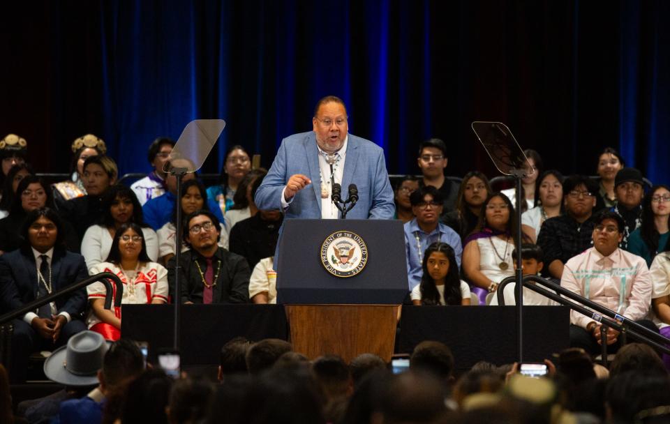 Gov. Stephen Roe Lewis, Gila River Indian Community, speaks to an audience during Vice President Kamala Harris's visit to the Gila River Indian Community on July 6, 2023.