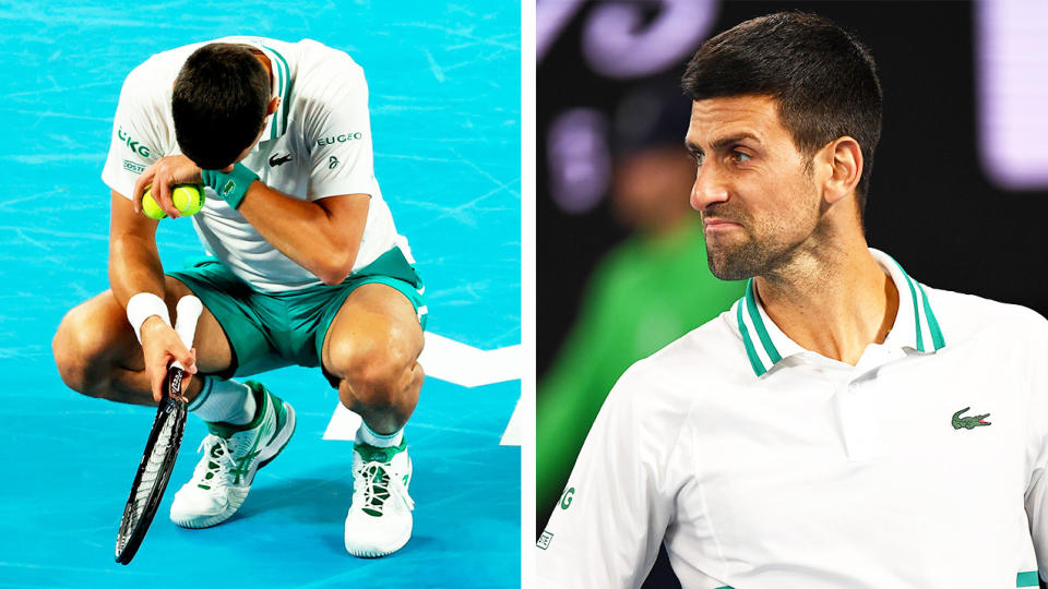 Novak Djokovic (pictured right) after a point at the Australian Open and (pictured left) in pain from an injury.