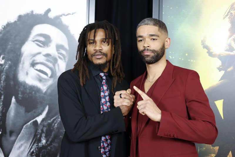 Sheldon Shepherd (L) and Kingsley Ben-Adir arrive on the red carpet for a screening of "Bob Marley: One Love" at the Dotdash Meredith Screening Room on February 12 in New York. Photo by John Angelillo/UPI