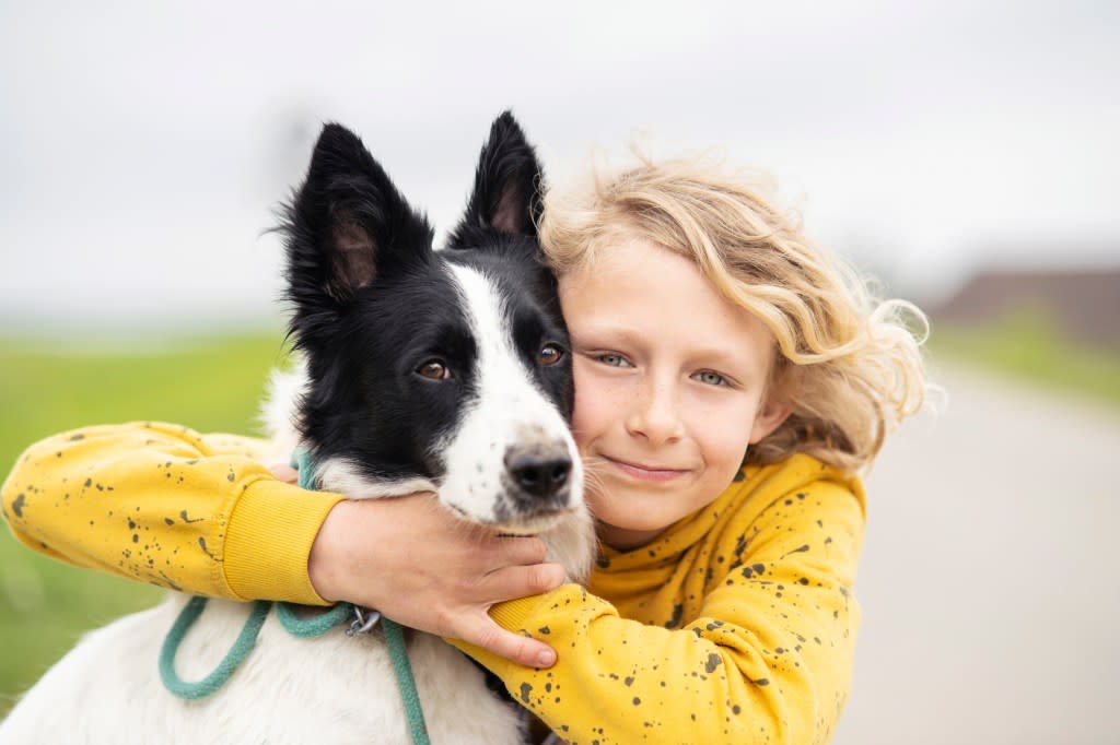 Smiling blonde boy hugging Border Collie dog.