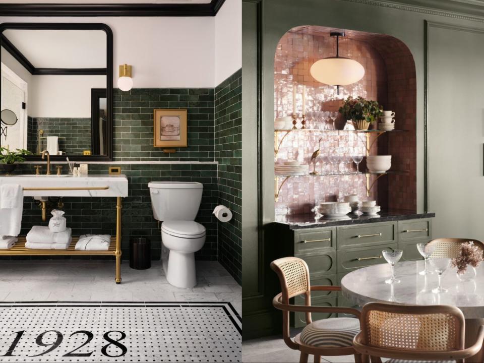 A side-by-side of a bathroom with green walls and a table in front of a wet bar with a table in front of it.