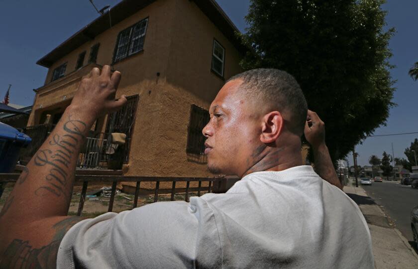 Los Angeles, CA - Dexter White was on his way to the corner store when he was confronted by LAPD officers and shot. He said his hands were raised and his back turned to officers when they opened fire on him in 2018, striking him three times and leaving him in crittically wounded. He had a black cellphone in his hands at the time. White, who still can't make a fist with his hand and still suffers panic attacks, is suing the city to help cover his medical expenses..June 22: in Los Angeles on Thursday, June 22, 2023 in Los Angeles, CA. (Luis Sinco / Los Angeles Times)