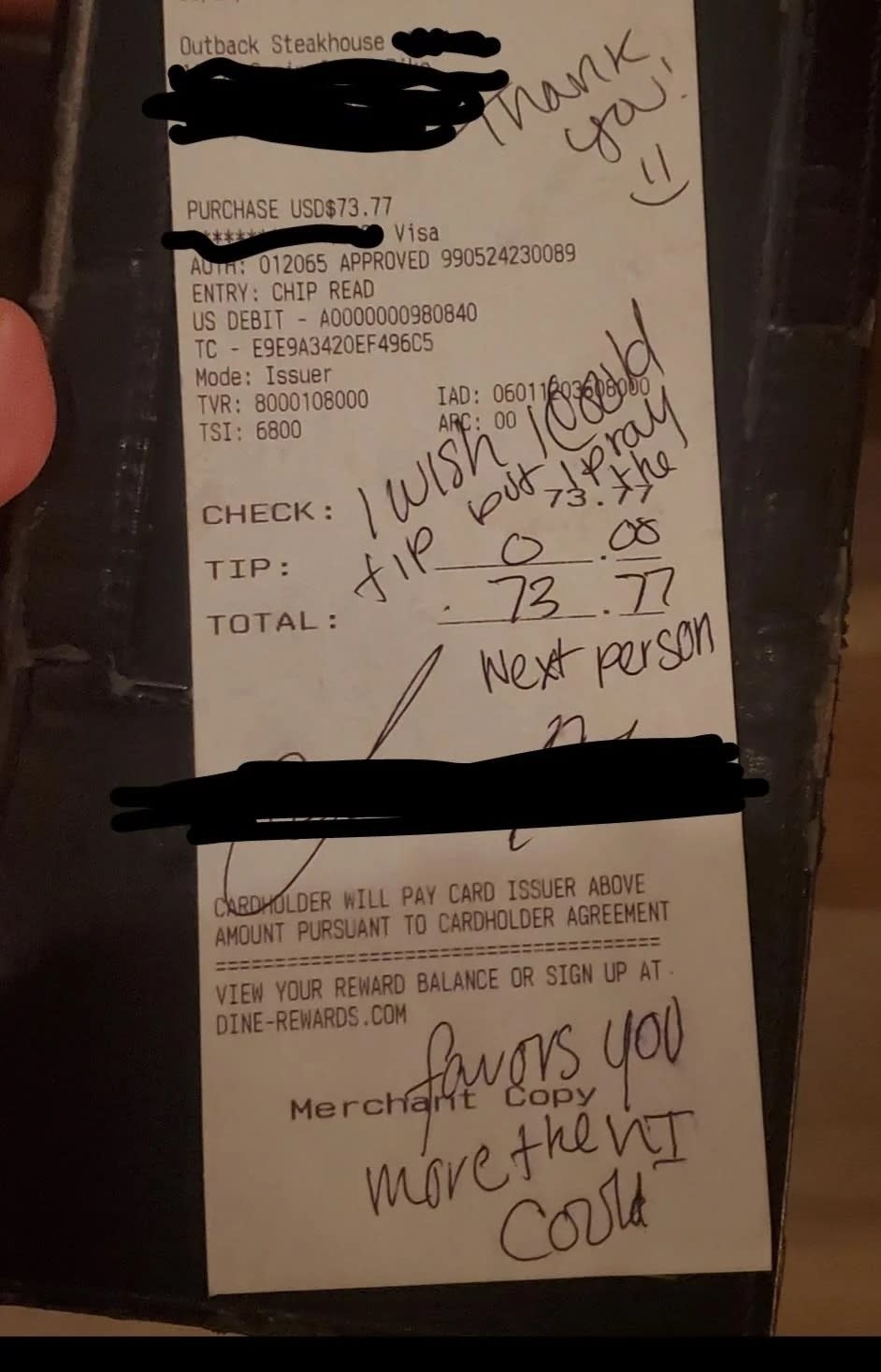 Receipt with handwritten message, "Tips for you" and "Pay it forward, next person." Total and tip amounts are crossed out