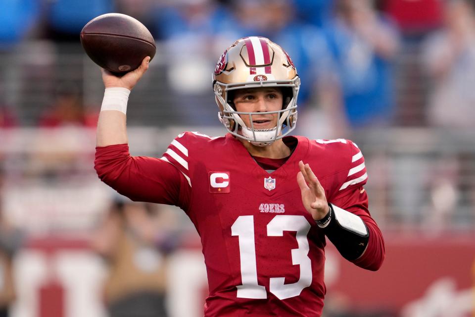 San Francisco 49ers quarterback Brock Purdy passes against the Detroit Lions during the first half of the NFC Championship NFL football game in Santa Clara, Calif., Sunday, Jan. 28, 2024. (AP Photo/Godofredo A. Vasquez)
