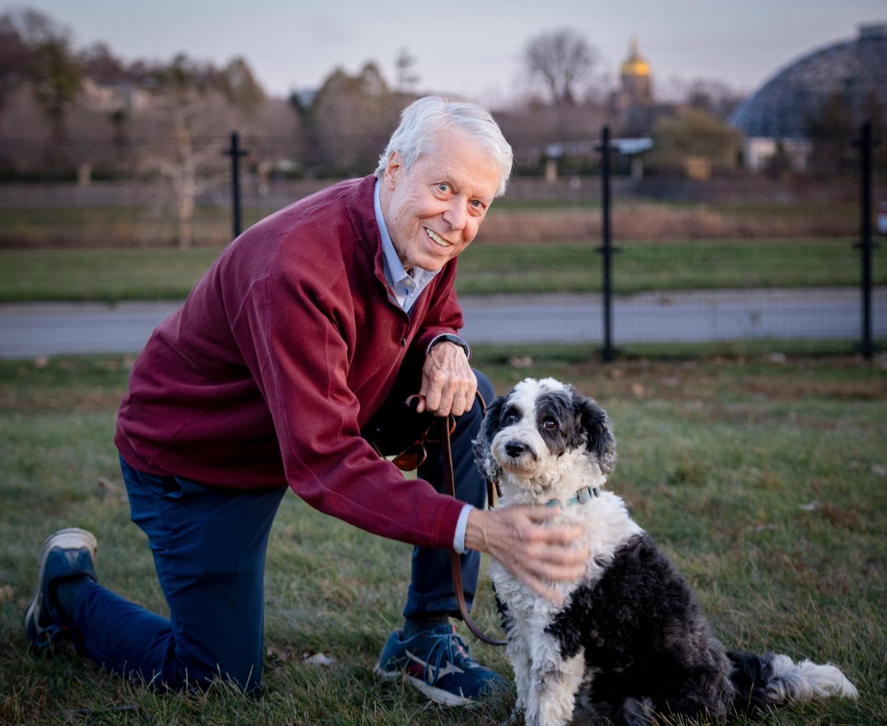 Mayor Frank Cownie takes his dog Tanner, 12, to the Riverwalk Dog Park in Des Moines, Wednesday, Nov. 15, 2023.