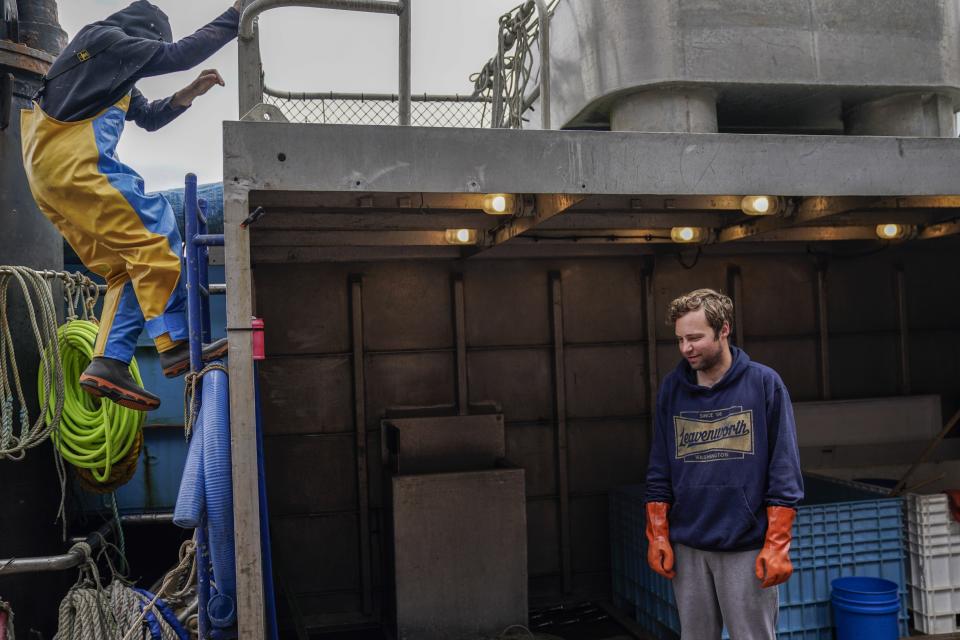 Sam Stern, right, a deckhand on the Big Blue, watches as cannery crew remove salmon from the ship's storage area for processing, Sunday, June 25, 2023, in Kodiak, Alaska. Stern, a deckhand on the Big Blue, plans to pursue a career in marine engineering and worked this season to both make money for school and to earn hours at sea for eventual licensing he'll need for that job. (AP Photo/Joshua A. Bickel)