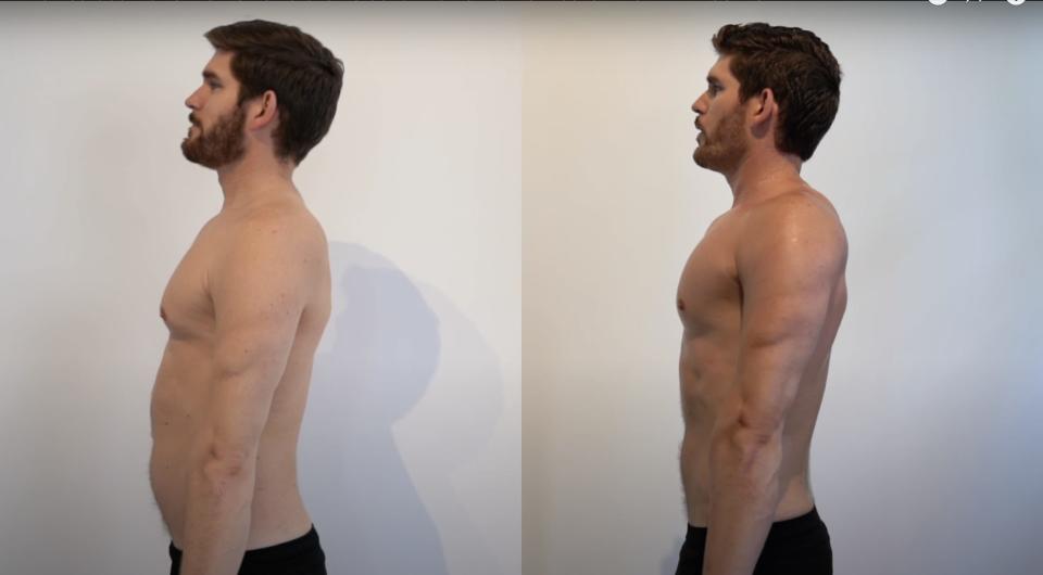 A side view of Erik Conover before and after a fitness challenge.