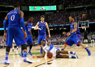 Terrence Jones #3 of the Kentucky Wildcats reacts as he falls down in the lane in the first half against the Kansas Jayhawks in the National Championship Game of the 2012 NCAA Division I Men's Basketball Tournament at the Mercedes-Benz Superdome on April 2, 2012 in New Orleans, Louisiana. (Photo by Ronald Martinez/Getty Images)