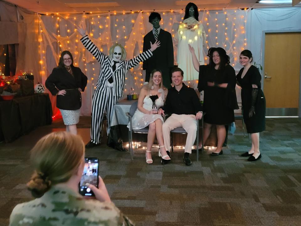 Escambia Clerk of Court Pam Childers and her staff held "Beetlejuice" themed weddings for Halloween. Callie and Logan Heard were among those who took part. Clerk's office employee, Shawn McLaughlin, performed the nuptials as the notorious "Beetlejuice."