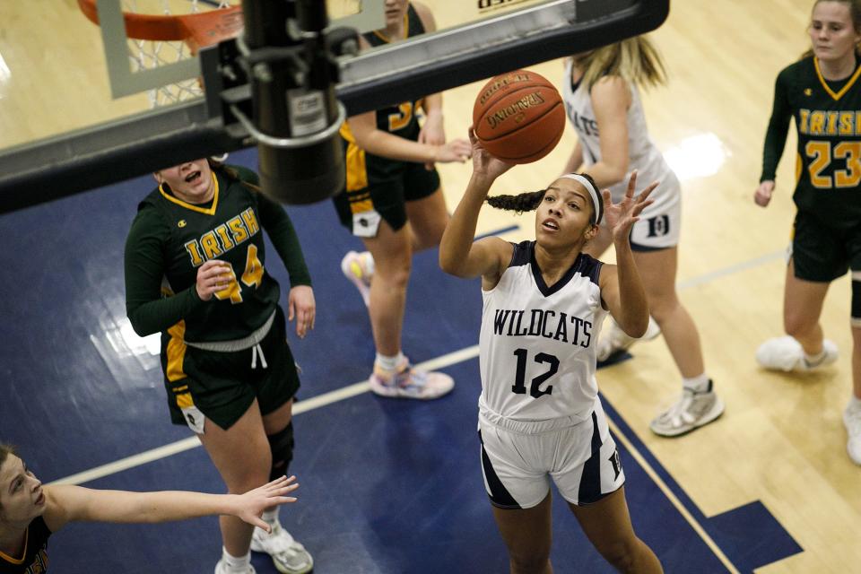 Dallastown's Kiara McNealy drives to the basket. Dallastown defeats York Catholic 49-45 in the opening round of the YAIAA girls' basketball tournament at West York Area High School, Saturday, February 11, 2023.