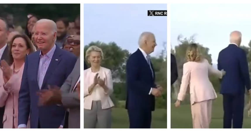 拜登臉部表情足，但身體完全沒動，他在參加G7峰會期間又被拍到詭異畫面。（圖／翻攝自X）