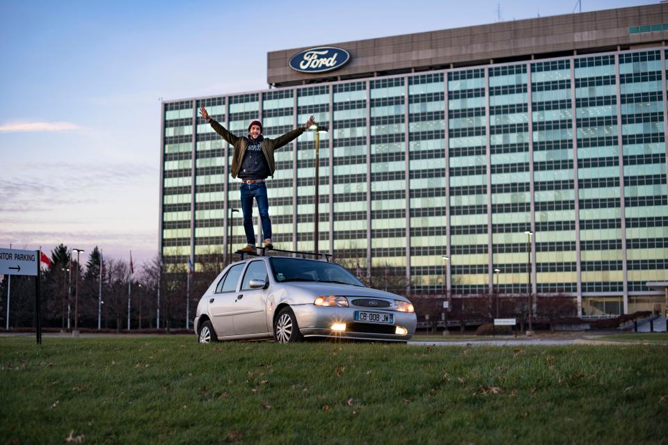 Dorian Degoutte, a filmmaker from France, shipped his 1997 Ford Fiesta "home" to the U.S. (and drove it to Detroit) for its final journey. He posted this image in front of Ford World Headquarters in Dearborn on his Instagram page on Nov. 22, 2022.