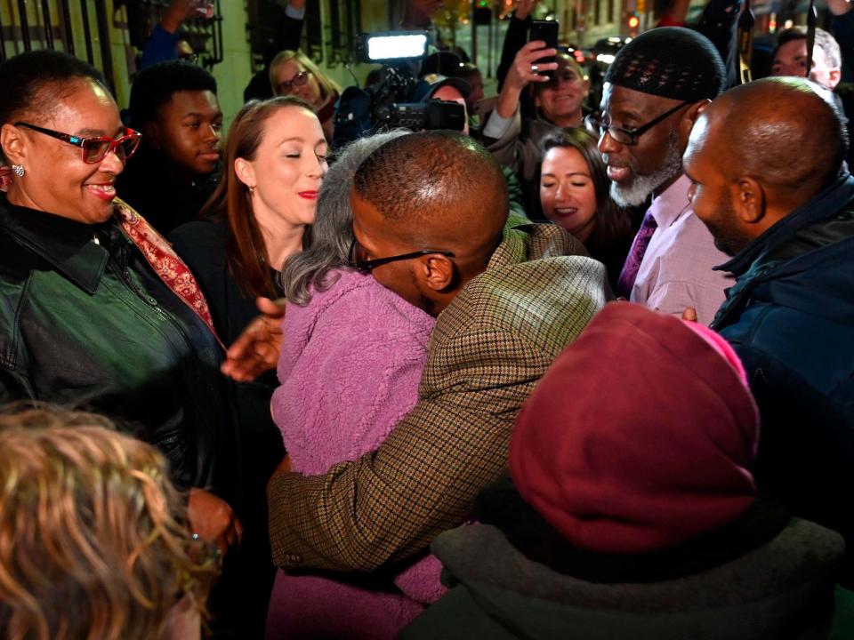 Alfred Chestnut hugs his mother Sarah after his release from prison in Baltimore, Maryland, US, on 25 November 2019 after serving 36 years for a murder he did not commit: Jerry Jackson/The Baltimore Sun via AP