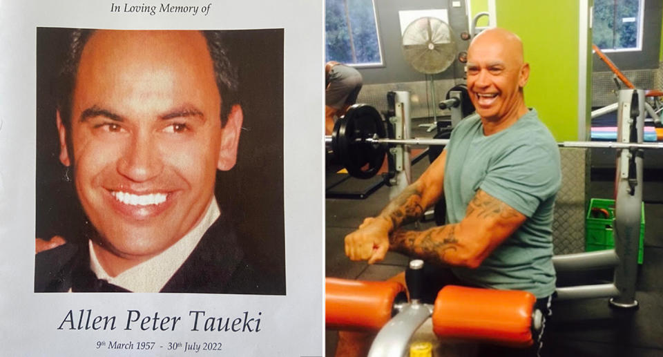 Allen Peter Taueki's funeral program (left) and Al working out at the gym (right).