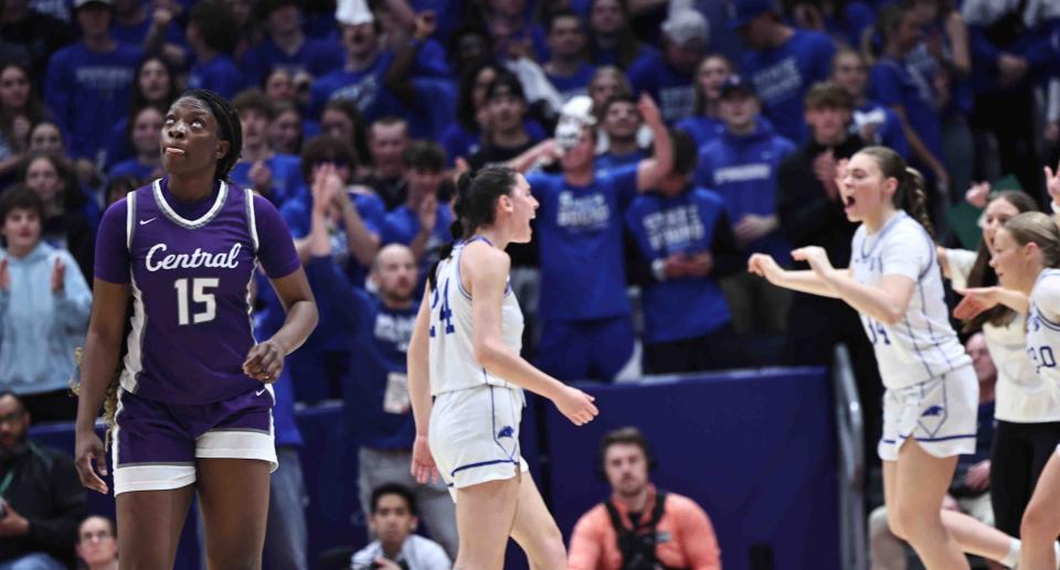 Pickerington Central's Mikaila Asamoah reacts during the Tigers' 63-54 loss to Springboro in a Division I state semifinal Friday at University of Dayton Arena.