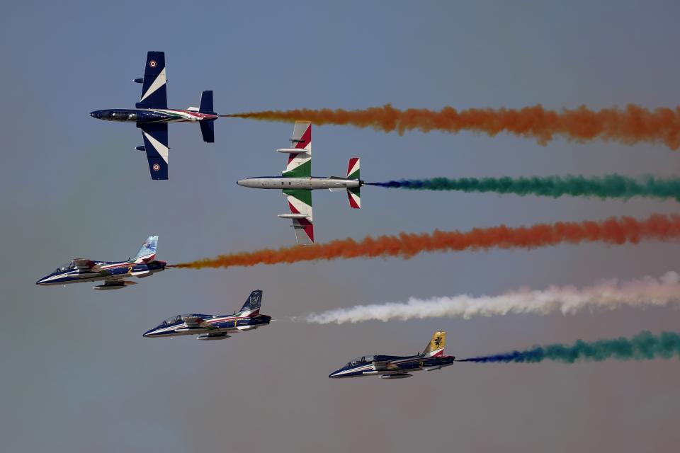 Frecce Tricolori (Tricolor Arrows), the Italian Air Force aerobatic display team, perform during the opening day of the Dubai Air Show, United Arab Emirates, Monday, Nov. 13, 2023. (AP Photo/Kamran Jebreili)