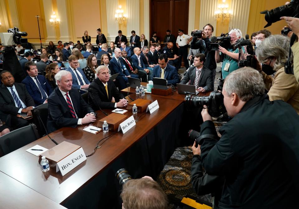 Jeffrey Rosen, former acting Attorney General, left, and Richard Donoghue, former acting Deputy Attorney General, before the start of the public hearing before the committee to investigate the January 6 attack on the United States Capitol on June 23, 2022 in Washington DC.