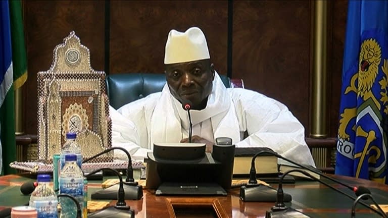 Outgoing Gambian President Yahya Jammeh speaks to the press after being defeated during the presidential election