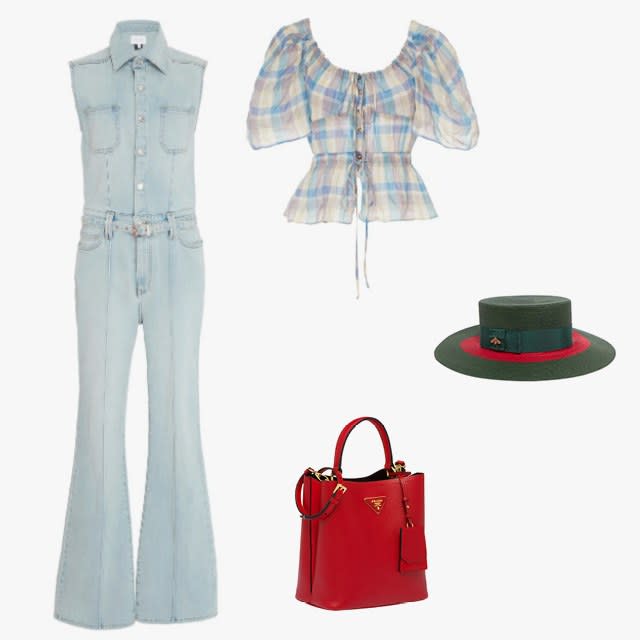 Current/Elliott Zenith flared denim jumpsuit, $111, modaoperandi.com; Ciao Lucia Allegra cotton top, $295, modaoperandi.com; Gucci embellished grosgrain-trimmed straw hat, $590, net-a-porter.com; Prada bag, price upon request, for information: prada.com