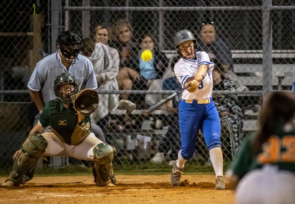 Marlin Sage Mickey connects for a base hit against the Dolphins. Arnold hosted Mosley in softball Monday, March 22, 2021.