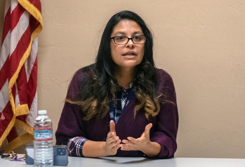 Angelann Flores participates in a debate against Xavier Lopez Mountain for the SUSD board District 2 seat at the Stockton Record's office in downtown Stockton on Wednesday Oct. 26, 2022. 