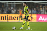 Arsenal midfielder Declan Rice walks on the field in the second half of the MLS All-Star soccer match against the MLS All-Stars, Wednesday, July 19, 2023, in Washington. (AP Photo/Alex Brandon)