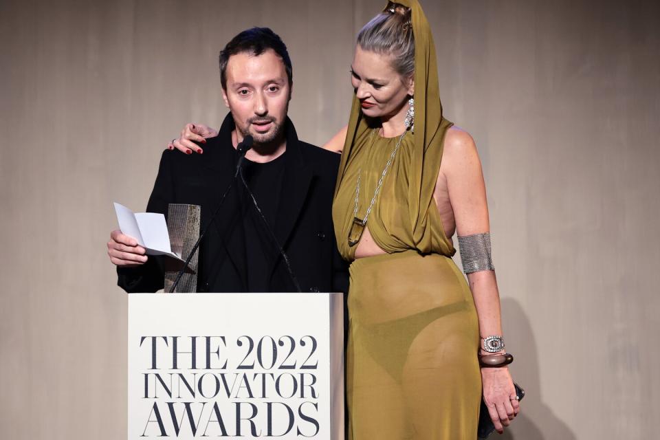 Anthony Vaccarello and Kate Moss appear onstage at the WSJ. Magazine 2022 Innovator Awards at the Museum of Modern Art