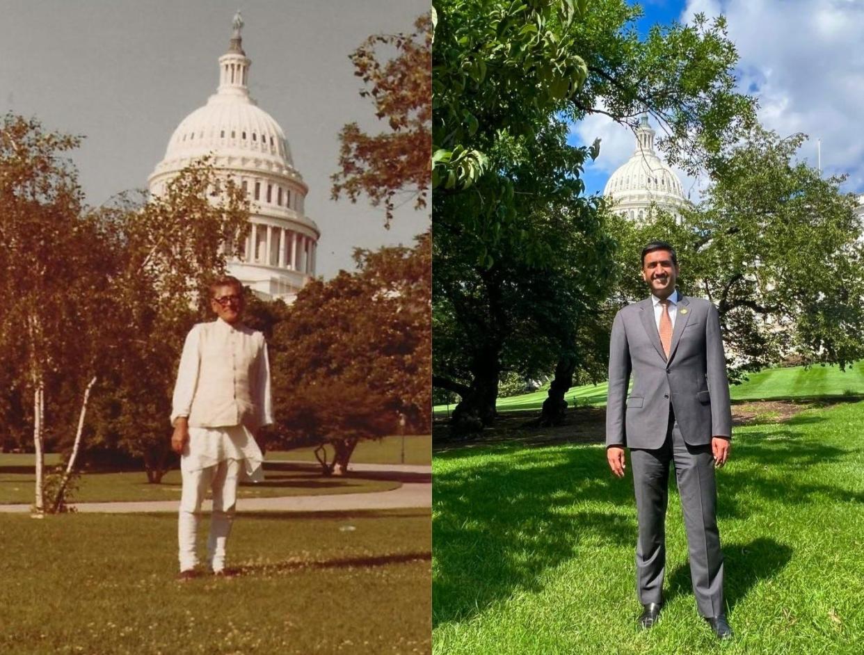 California Rep. Ro Khanna's grandfather poses outside the Capitol in 1976 on a trip to Washington, D.C. Khanna poses outside the Capitol in a similar spot as his grandfather on Aug. 7, 2023.