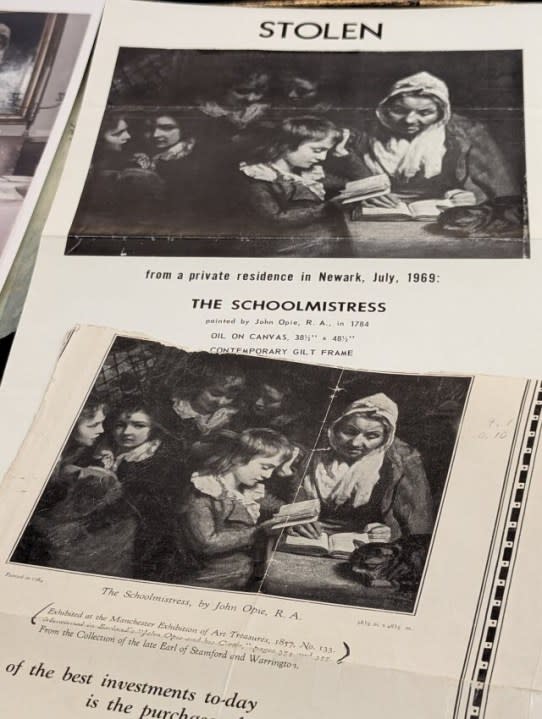 Copy of a historical flyer that shows the John Opie painting, “The Schoolmistress”, and lists a reward for its recovery. (Courtesy: FBI)
