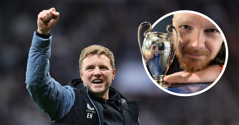   Eddie Howe celebrates after his team qualifies for the UEFA Champions League following the Premier League match between Newcastle United and Leicester City while Matthew Ketchell poses with a miniature Champions League trophy 