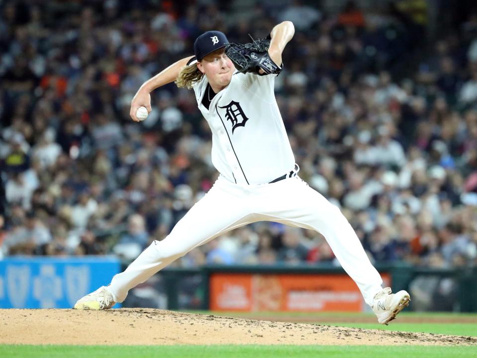 Detroit Tigers relief pitcher Trey Wingenter (62) pitches against the Cleveland Guardians at Comerica Park in Detroit on Friday, Sept. 29, 2023.