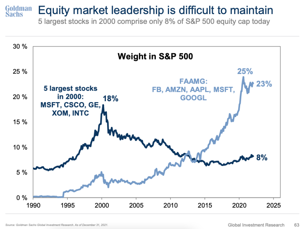 هذه الشركات تهيمن على التقييم مقارنة بغيرها. (المصدر: TKer عبر Goldman Sachs)